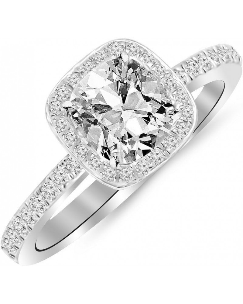 14K White Gold 1 Carat LAB GROWN DIAMOND Classic Halo Style Cushion Shape Cushion Cut Diamond Engagement Ring (G-H Color VS1-...