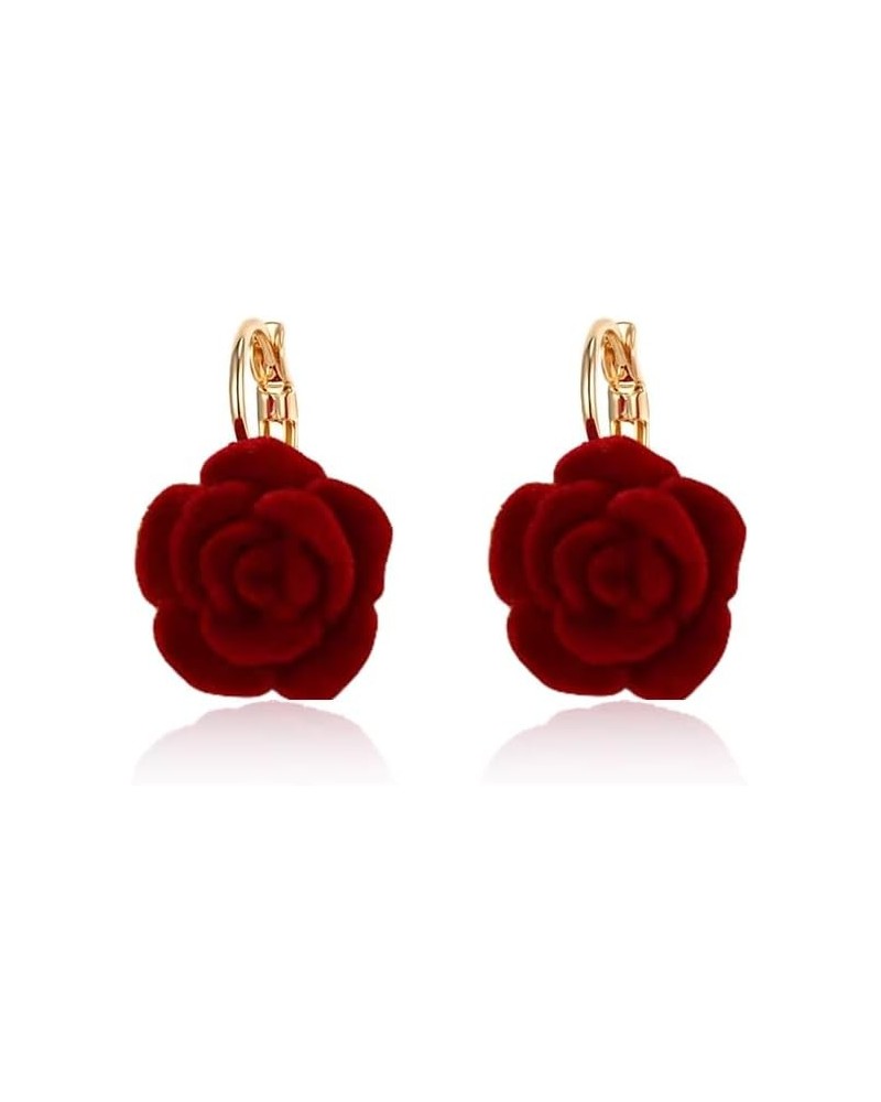 Vintage Flower Hoop Earrings for Women Girls Gold Plated Hypoallergenic Red Velvet Rose Camellia Floral Huggie Hoops Earring ...