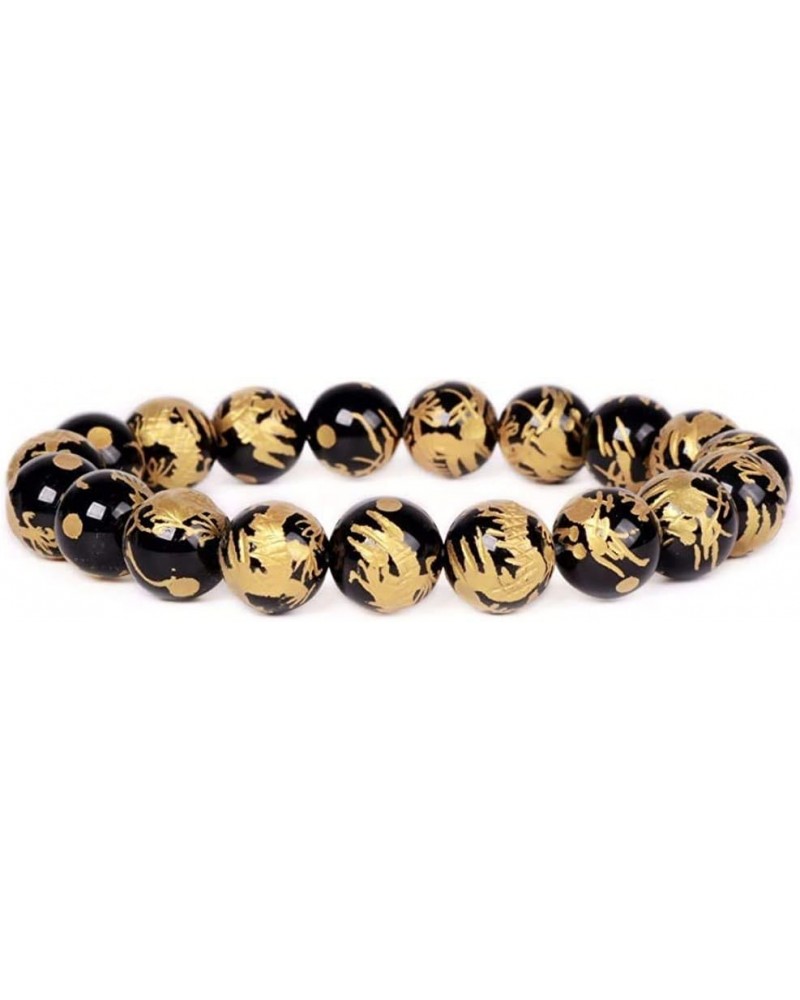 Gem Semi Precious Gemstone 10mm Round Beads Stretch Bracelet 7 Inch Unisex Black Agate Gold Dragon $9.66 Bracelets