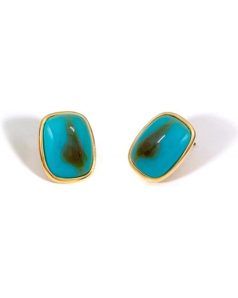 M.DUN- Round Edges Rectangle Shape Studs Earring. Abalone Amber Turquoise Resin Stone Design, 18k Real Gold Plated Bezel, Hyp...