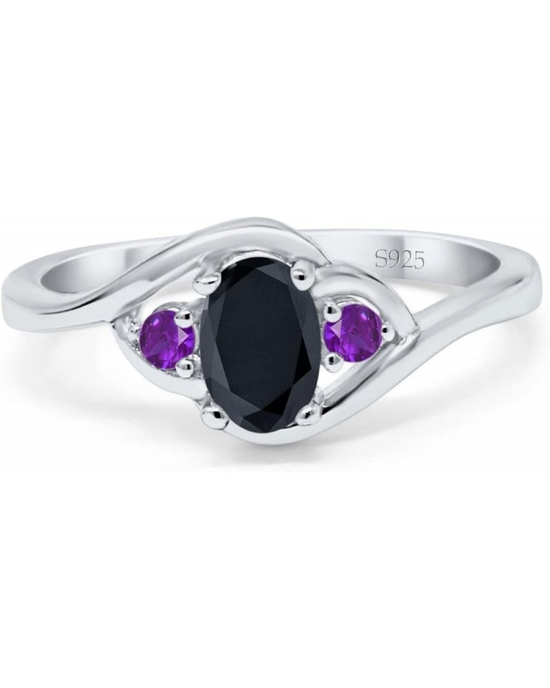 Three Stone Engagement Ring Oval Cut Round Simulated Amethyst Cubic Zirconia 925 Sterling Silver Simulated Black CZ $11.27 Rings