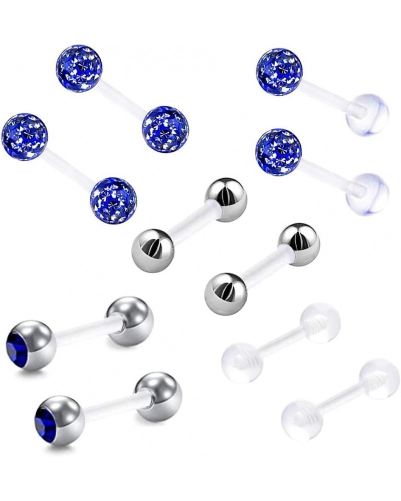 10pc 6mm/8mm/10mm Acrylic Bar Crystal Ball Barbell Ear Cartilage Tragus Daith Stud Earrings Body Piercing Jewelry dark blue S...