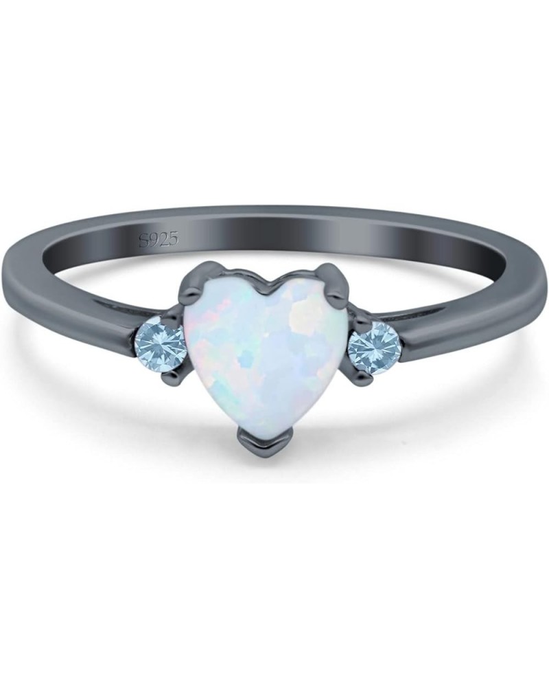Art Deco Heart Three Stone Wedding Bridal Ring Round Aquamarine Simulated Cubic Zirconia 925 Sterling Silver Black Tone, Lab ...