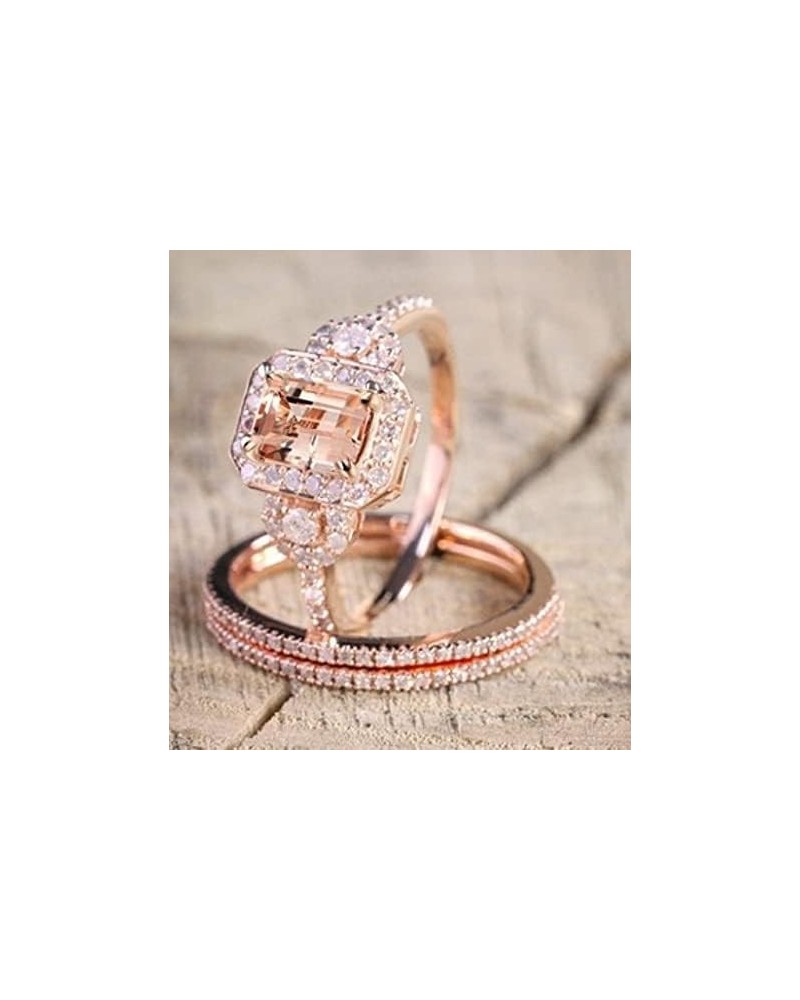 2PCS Gorgeous 18K Rose Gold Plated Morganite Ring Engagement Bridal Women Jewelry Set Morganite White Topaz Ring Set Women Br...