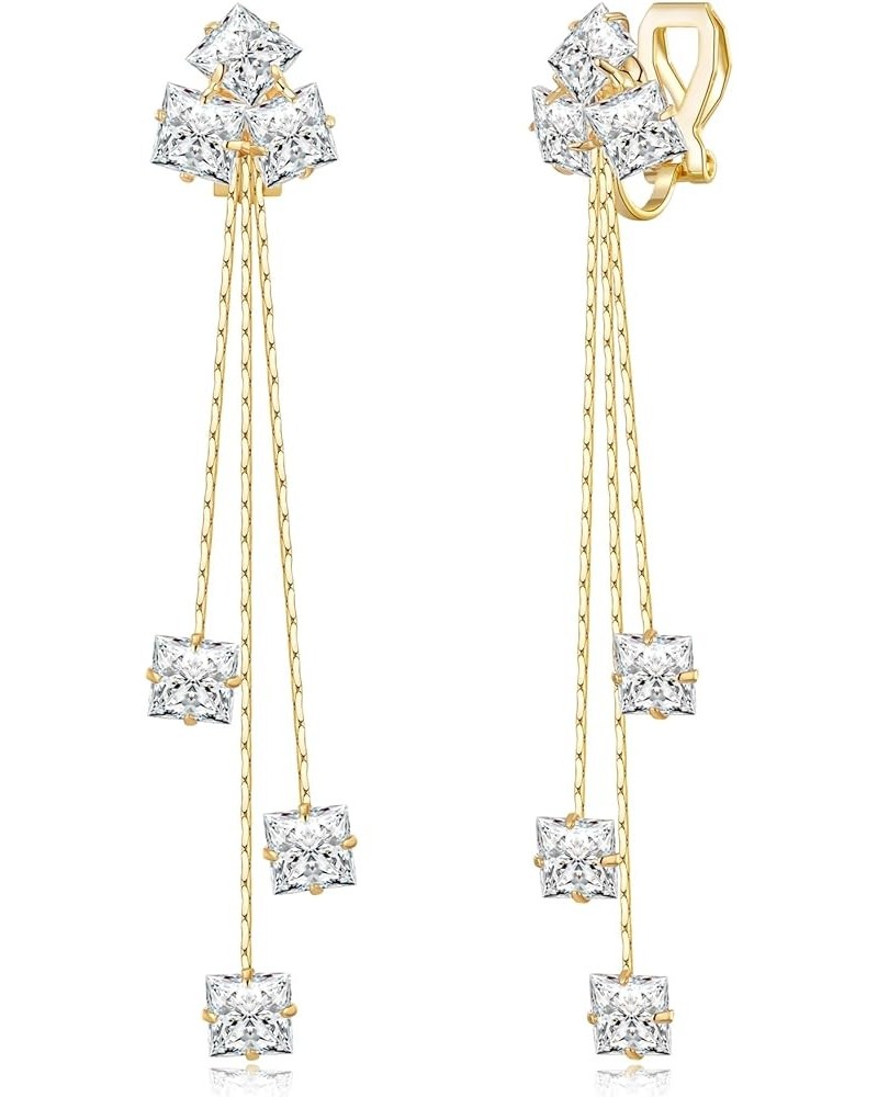 Women Cubic Zirconia Crystal Long Drop Dangle Clip On Earrings For Not Pierced Gils Gold $9.27 Earrings