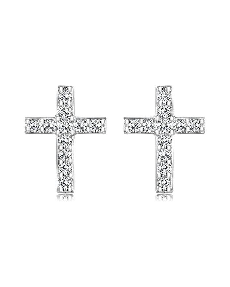 S925 Sterling Silver Dainty Small Tiny Cross with Pave Clear Cubic Zirconia Stud Earrings Fashion Jewelry for Women $10.99 Ea...