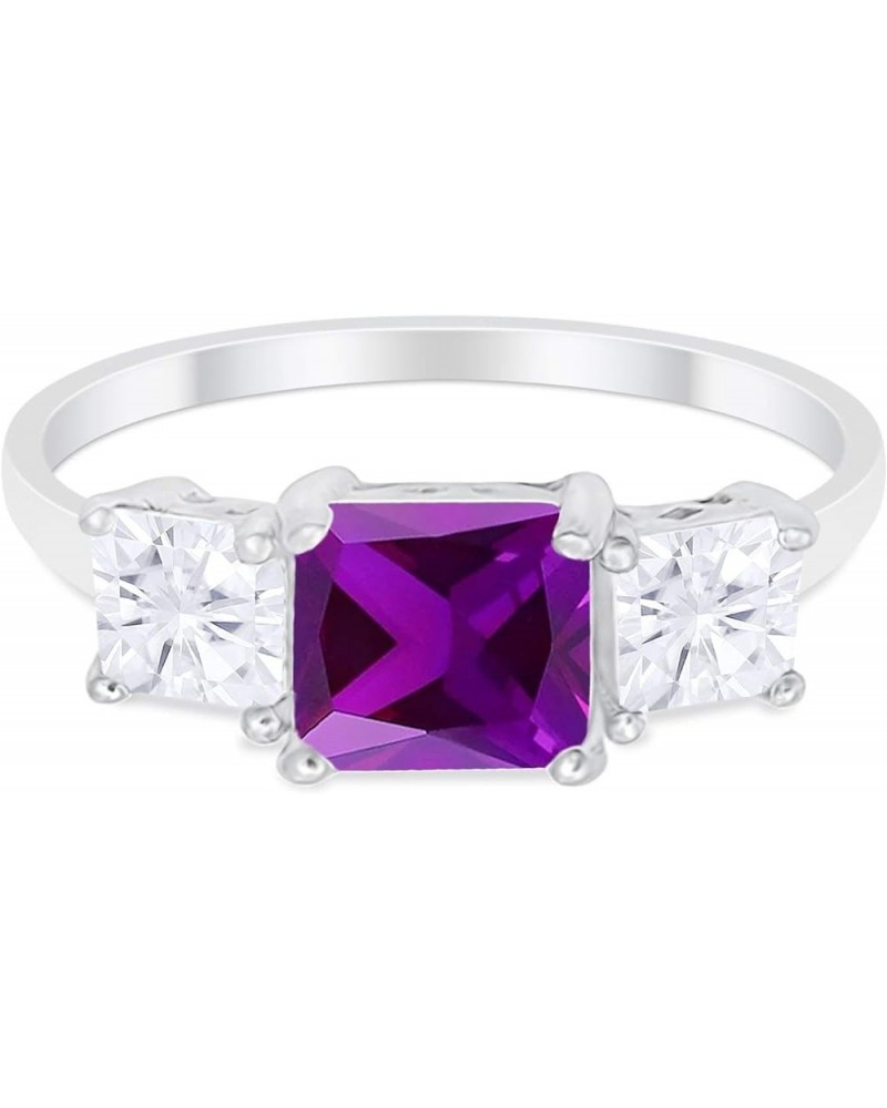 3 Stone Wedding Engagement Ring Princess Cut Square Simulated CZ 925 Sterling Silver Choose Color Simulated Amethyst Cubic Zi...