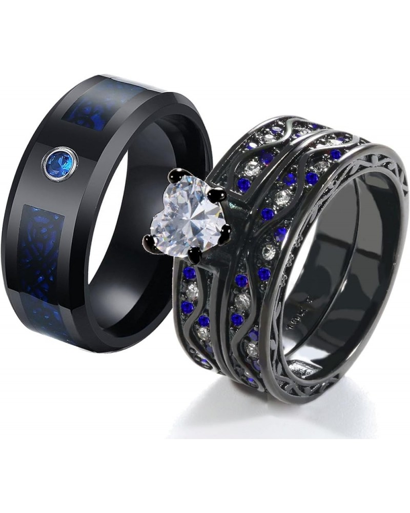 Couple Rings Black and Red Matching Rings His and Her Rings Heart CZ Women Wedding Ring Sets Titanium Men Wedding Bands Blue ...