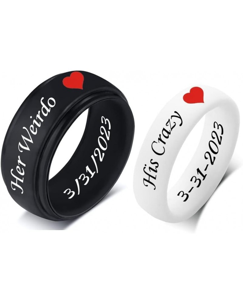 SHNIAN 8MM+6MM Personalized Rubber Matching Silicone Rings Step Edge & Dome with Red Heart Comfortable Engagement Gift His & ...