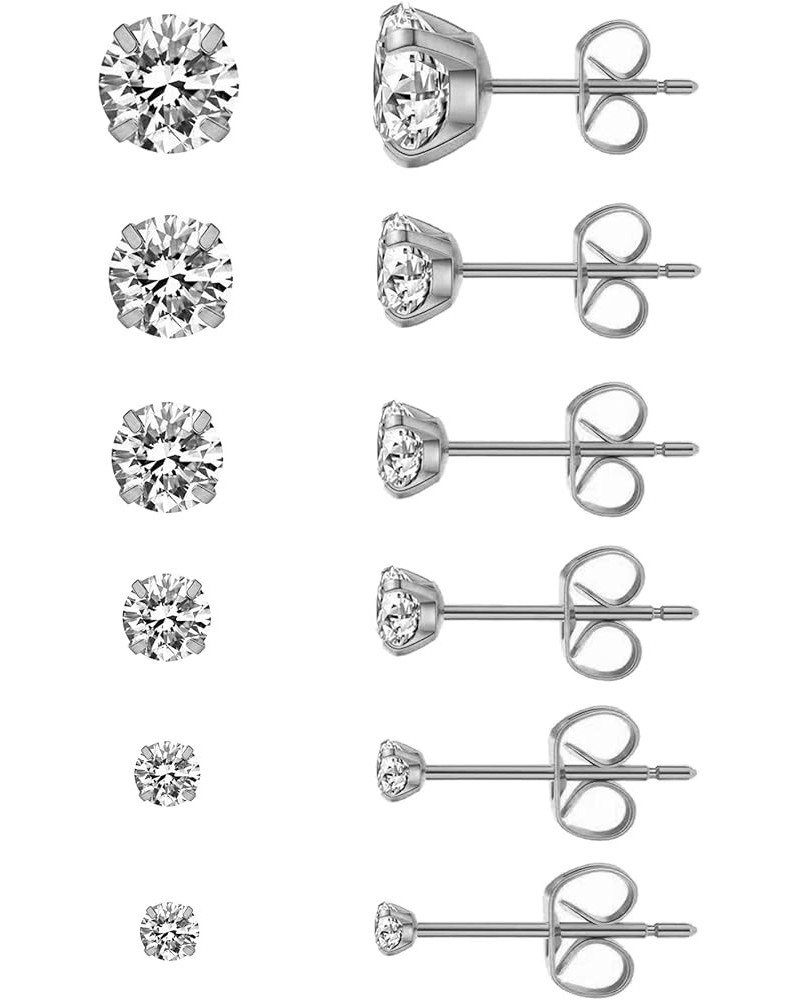 Stainless Steel Shiny Cubic Zirconia Earring Studs B-6Pairs 3-8MM Sliver $10.19 Earrings