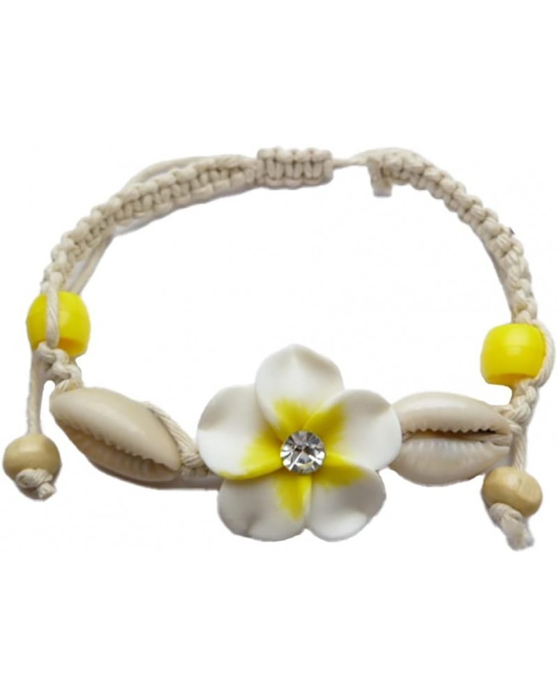 Hand Made Fimo Clay Plumeria Flower w/CZ Cubic Zirconia & Cowry Cowrie Shell on Hemp Adjustable Bracelet/Anklet White and Yel...