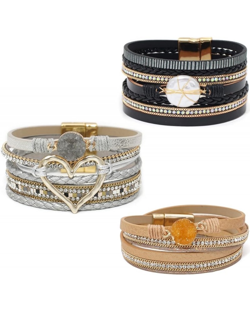 Leather Wrap Bracelet Set 3 Pieces Multilayer Cuff Bracelet Crystal Beads Magnetic Clasp Bracelet for Women Love Crystal $11....