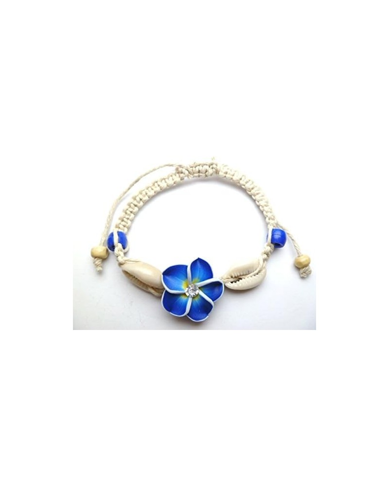 Hand Made Fimo Clay Plumeria Flower w/CZ Cubic Zirconia & Cowry Cowrie Shell on Hemp Adjustable Bracelet/Anklet Dark Blue $7....