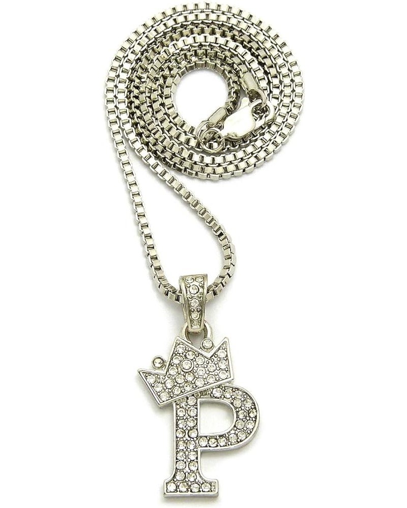 Rhinestone Studded Crown Small Initial Alphabet Letter Pendant Necklace16/18"/20" Box Chain Necklaces Silver - P $9.87 Necklaces