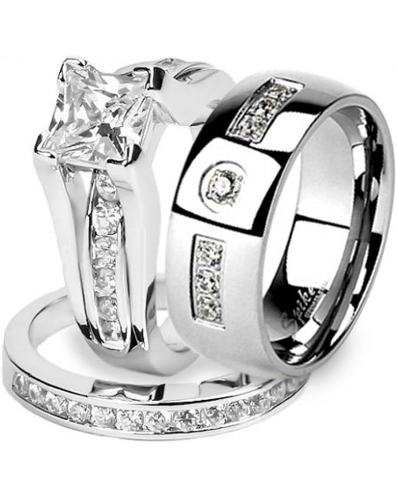 His and Hers Stainless Steel Princess Wedding Ring Set and Zirconia Wedding Band Women's Size 08 Men's 06mm Size 08 $22.07 Sets