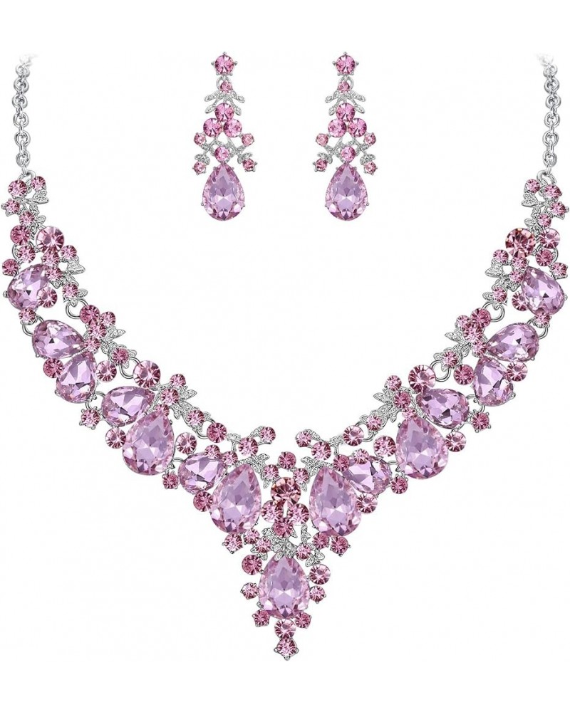 Women's Crystal Elegant Bridal Floral Cluster Teardrop Statement Necklace Earrings Set Crystal_Pink Silver-Tone $12.50 Jewelr...