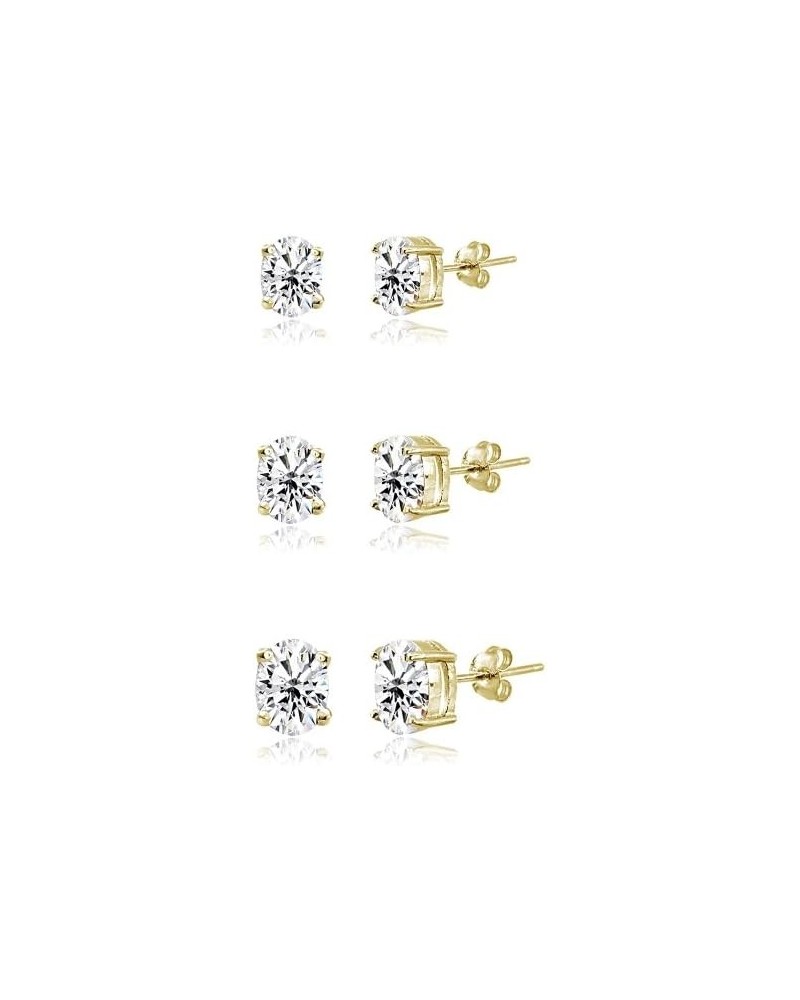 3-Pair Set Sterling Silver Cubic Zirconia Oval Stud Earrings, 5X3mm 6x4mm 7x5mm Yellow Gold $11.00 Earrings