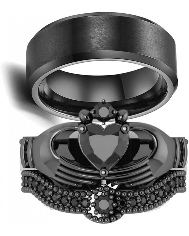 Couple Ring Bridal Set His Hers Black Claddagh Ring Heart Shape Rhinestone Stacking Irish Ring Stainless Steel Wedding Ring B...