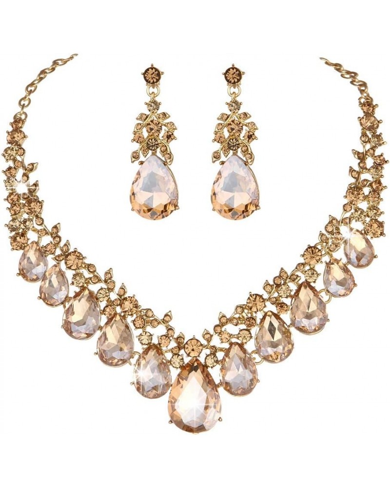 Youfir Bridal Rhinestone Crystal V-Shaped Teardrop Wedding Necklace and Earring Jewelry Sets for Brides Formal Dress Champagn...