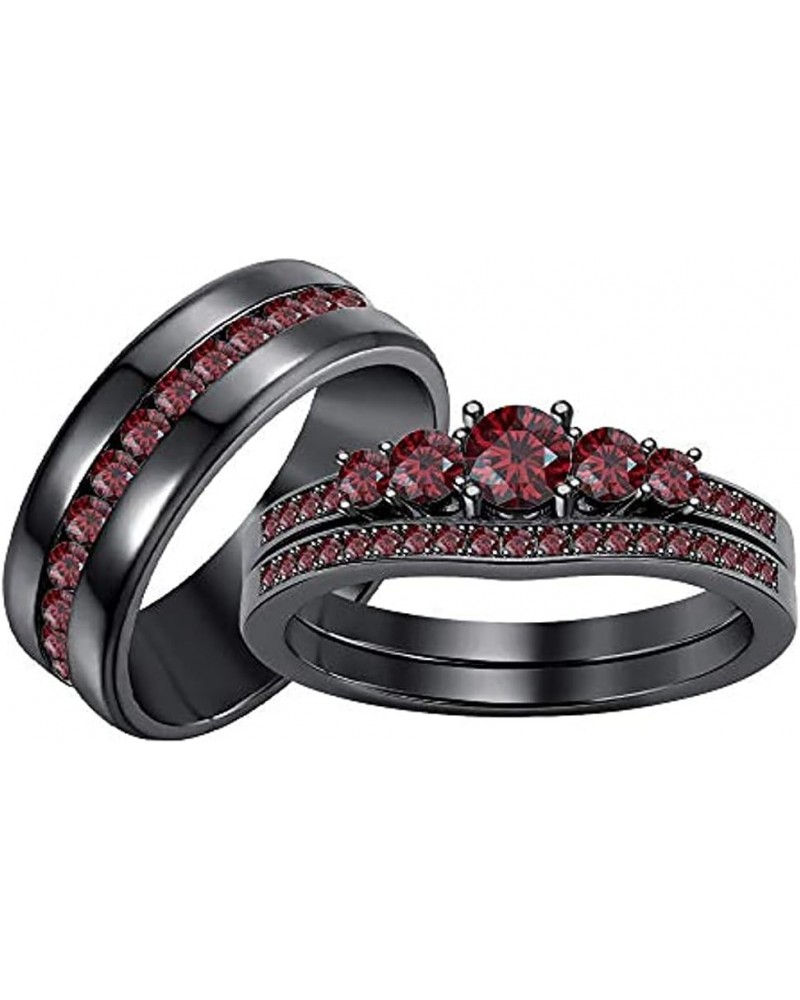 Intershine Round Cut Red Garnet Gemstones 925 Sterling Silver 14K Black Gold Fn Diamond Engagement Wedding Trio Bridal Ring S...