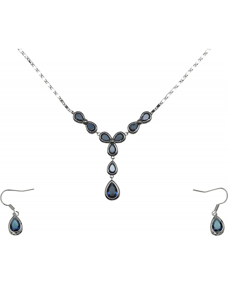 Gorgeous CZ Crystal Floral Necklace Earrings Set Navy Blue $20.30 Jewelry Sets