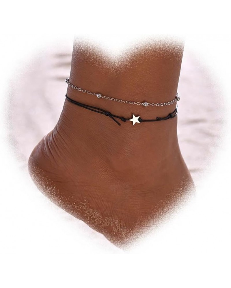 Bohemian Layered Star Anklet for Women Black Rope Ankle Bracelets Adjustable Waterproof Anklet Woven Rope Anklets Chain Brace...