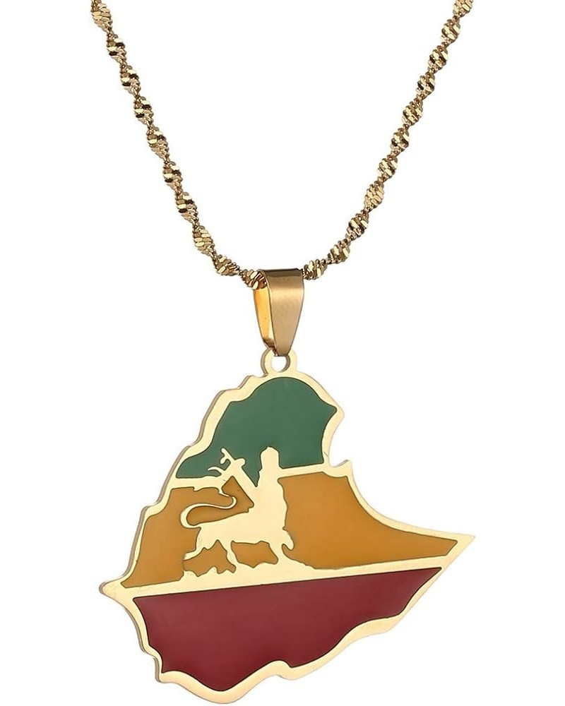 Stainless Steel Ethiopian Flag Lion Map Pendant Necklace Women Men Ethiopia Lion Chain Jewelry Gold $7.02 Necklaces