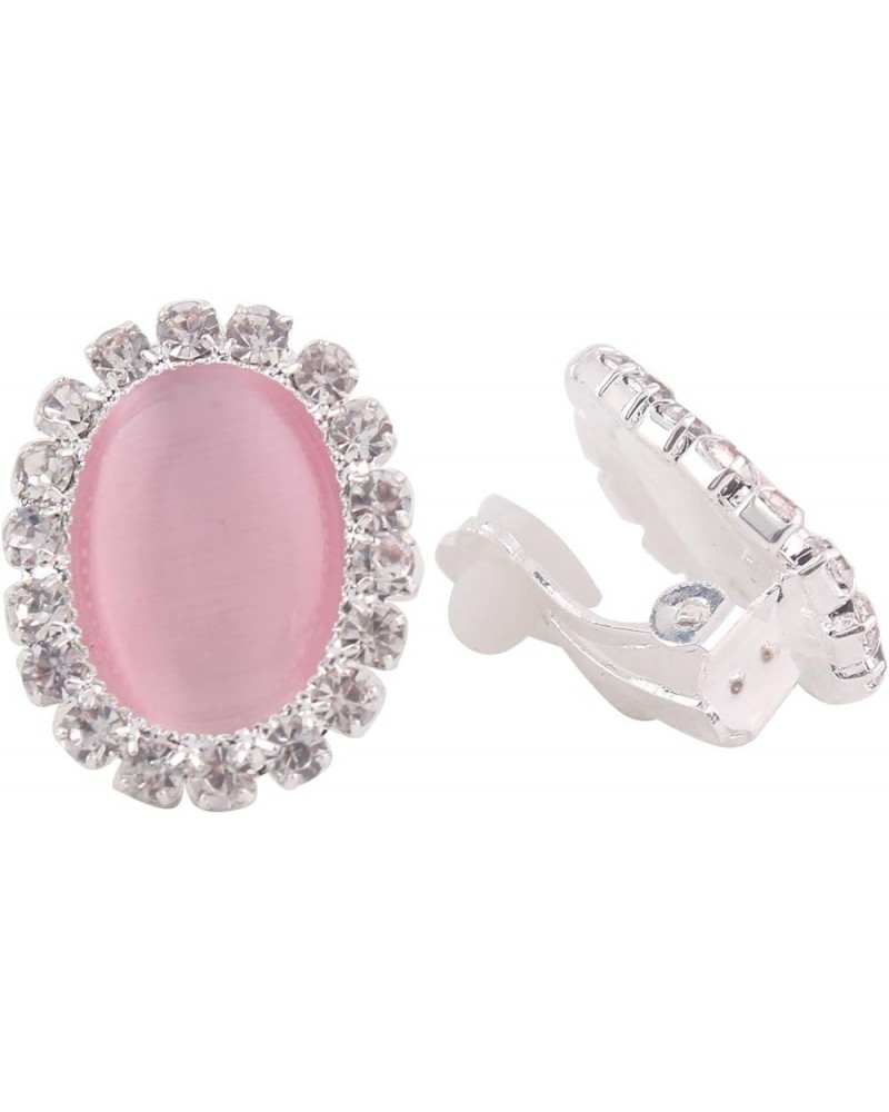 Bridal Rhinestone Opal Oval Shape Clip on Earrings for Women Charm Jewelry No Hole Ear Clip pink $7.27 Earrings