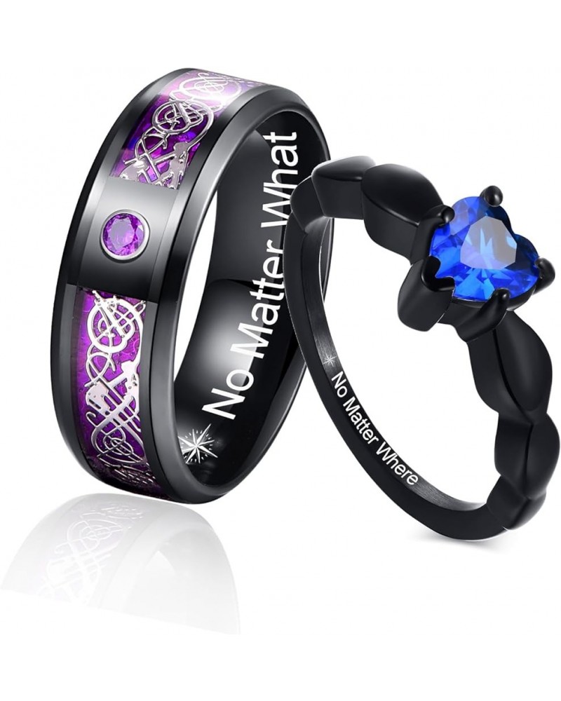 MZZJ Personalized His Hers Couple Rings Men's 8MM Celtic Dragon Pattern & Women's Blue Heart Shape Cubic Zirconia Black Stain...